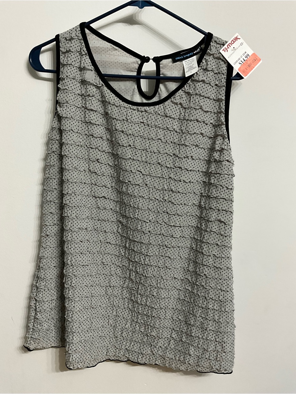 Saint Tropez West Gray Polka Ruffle Tank with Black Trim